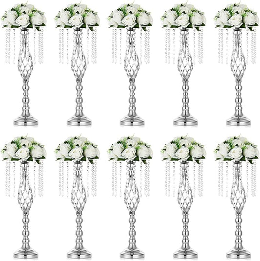 Nuptio 10 Pcs Silver Wedding Centerpieces Flower Stand, 21.7in/55cm Height Wedding Road Lead Flower Vases, Crystal Artificial Flower Arrangements for Wedding Party Birthday Event Reception Home Decor