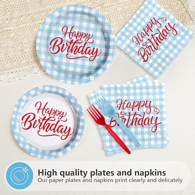 96Pcs Blue Gingham Birthday Party Supplies Blue and White Checkered Plates and Napkins Disposable Plaid Red Word Tableware Set for Kids Birthday Baby Shower Holiday Picnic Party Decorations Serves 24
