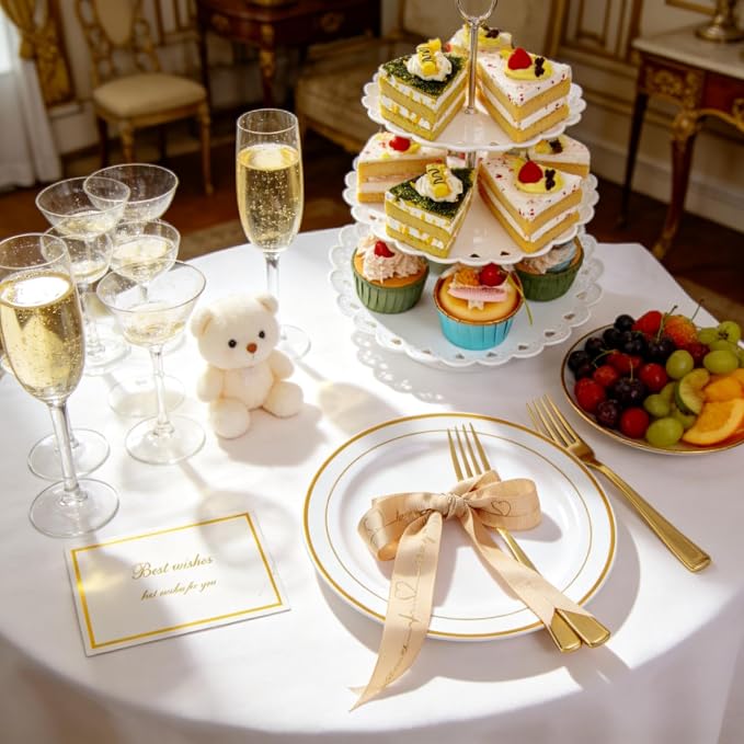 I00000 144 Small Plastic Dessert Plates Set Include 72 Pcs Gold Dessert Plates 7.5" with 72 Pcs Forks 7.5",Disposable Cake Plate,Fancy White Gold Plastic Small Plates for Party