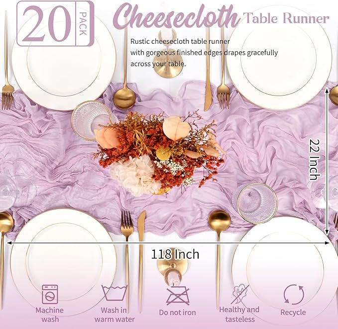 20 Pack Lavender Table Runner 10FT Long Cheesecloth Table Runner Cheese Cloth Gauze for Wedding Party Birthday Decoration-Lavender
