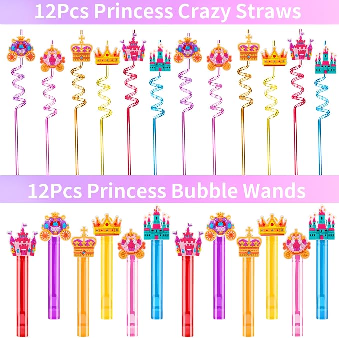 308PCS Princess Birthday Party Decorations Favors, Including Goodie Bags, Crown, Magic Wand, Straws, Bubble Wands, Stickers, Cake Toppers, Tattoo & More-Perfect for Party Decorations & Pinata Fillers