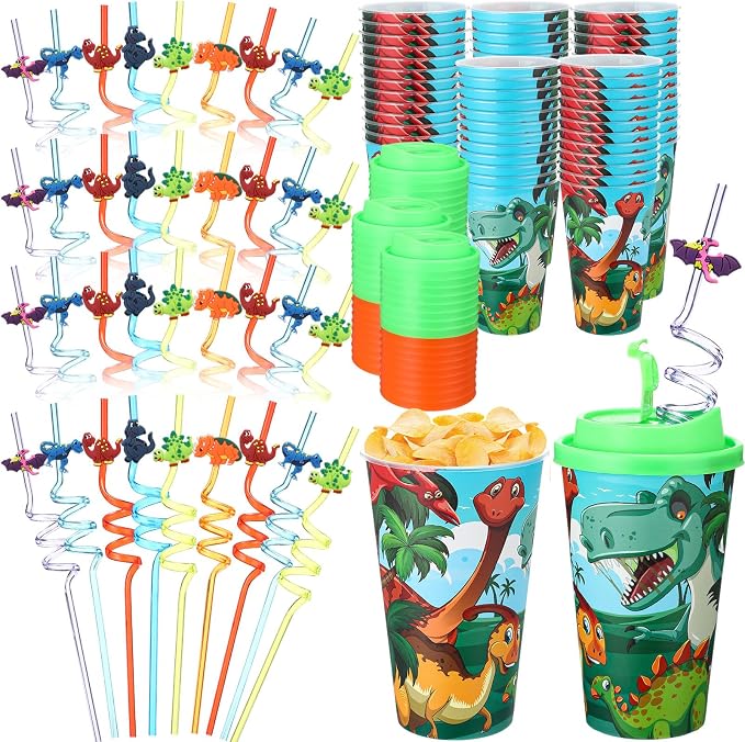 Maxcheck 36 Sets 16 oz Dinosaur Party Favors Goodie Cups with Colorful Lids and Straws for Birthday Decorations Reusable Plastic Candy Cups Bulk Plastic Straws for Birthday Party Celebration Gifts