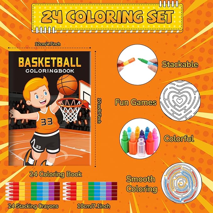 BenLouis 24 Basketball Mini Coloring Books Kids with 24 Stacking Crayons Basketball Party Favors Activity Books Bulk for Kids Sports Goodie Bag Gift Stuffer Classroom Reward