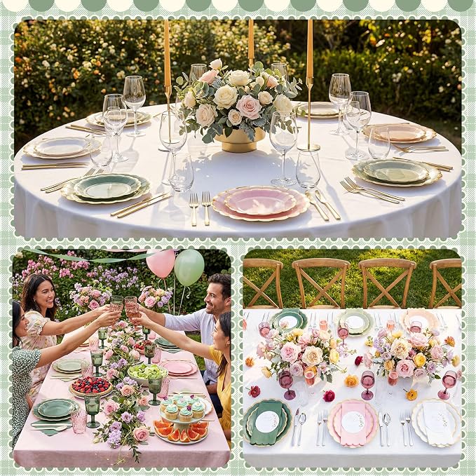 Zhehao 150 Pcs Pink and Green Plates and Napkins Tableware Serves 50 Includes 9 Inch 7 Inch Pink and Sage Scalloped Paper Plate and Napkins for Wedding Birthday Baby Shower Party
