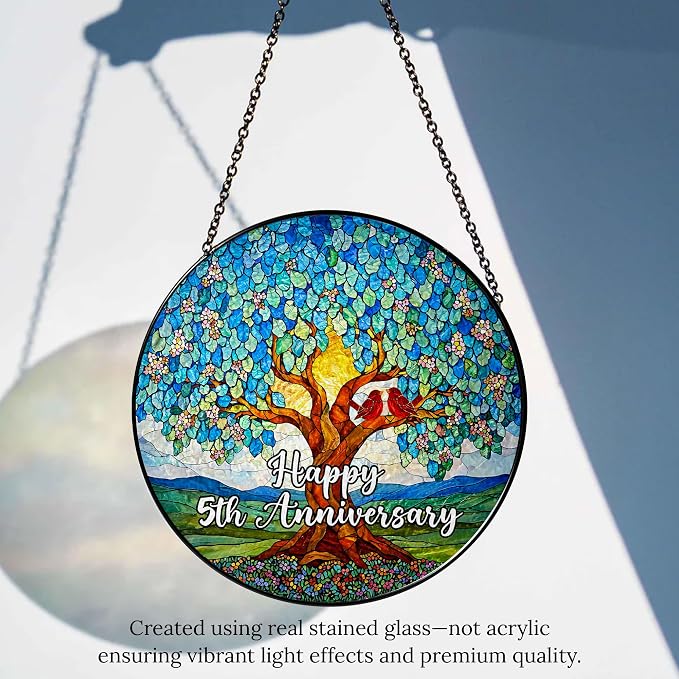 5th Wedding Anniversary Stained Glass Suncatcher, 6x6' Anniversary Decorations, 5th Celebration Marriage Gifts for Parents, Couple, Wife & Husband, 5 Wedding Milestone Keepsake