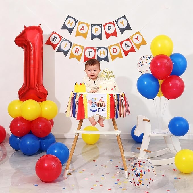 Circus Carnival First 1st Birthday Decorations for Boy Carnival One High Chair Banner with 60PCS Red Yellow Blue Balloons, Cake Topper, Number 1 Balloon, Crown & Banner for One Year Old Boy Party