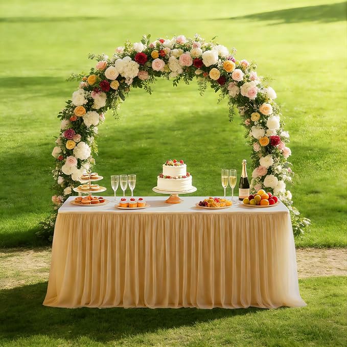 Champagne 2-in-1 Stretch Tulle Table Cover & Skirt – Fits 5ft Rectangular Tables, Perfect for Baby Shower, Bridal, Birthday & Princess Parties (1 Pack)