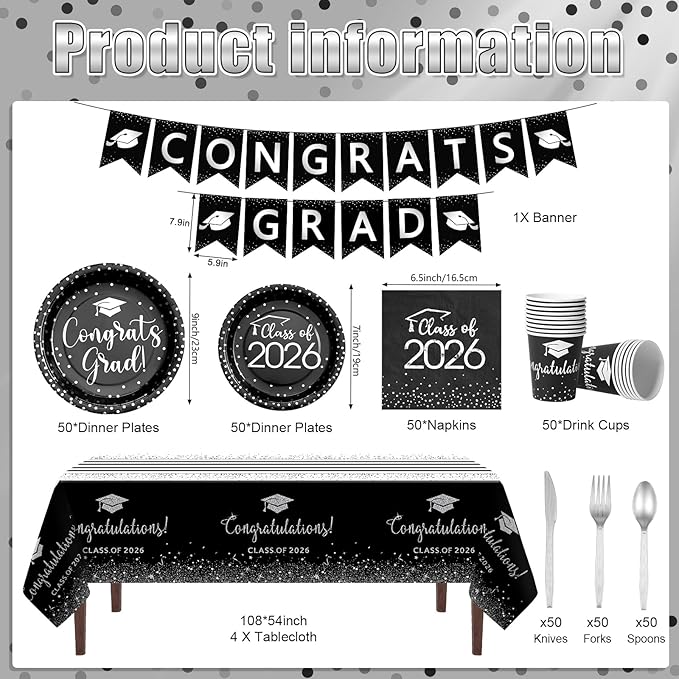 354Pcs Black and Silver Graduation Decorations Set,2026 Graduation Party Supplies Serves 50,Includes Congrats Grad Banner Paper Plates Cups Napkins Tablecloths Tableware for Class of 2026
