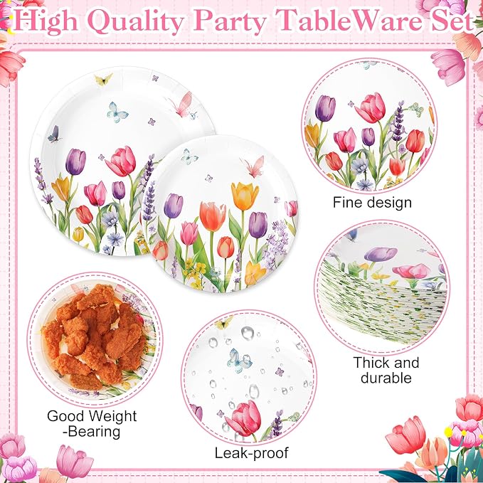 Ziliny 250 Pcs Floral Party Decorations Include Lavender Tulip Butterfly Paper Plates Napkins and Cups for Easter Summer Spring Wildflower Baby Shower Tea Decorations, Serve 50 Guest