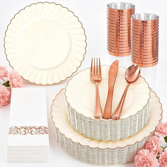 YOUBET 175PCS Ivory Scalloped Plastic Plates - Rose Gold Disposable Dinnerware Set Include 50 Plates, 75 Rose Gold Silverware, 25 Cups, 25 Napkins for Party & Wedding & Baby Shower