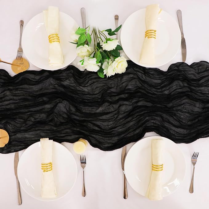 Snowkingdom 10 Ft Black Cheesecloth Table Runner, 120 inch Long Cheese Cloth Boho Gauze Runner for Wedding Bridal Baby Shower Birthday Holiday Party Sheer Halloween Table Decorations