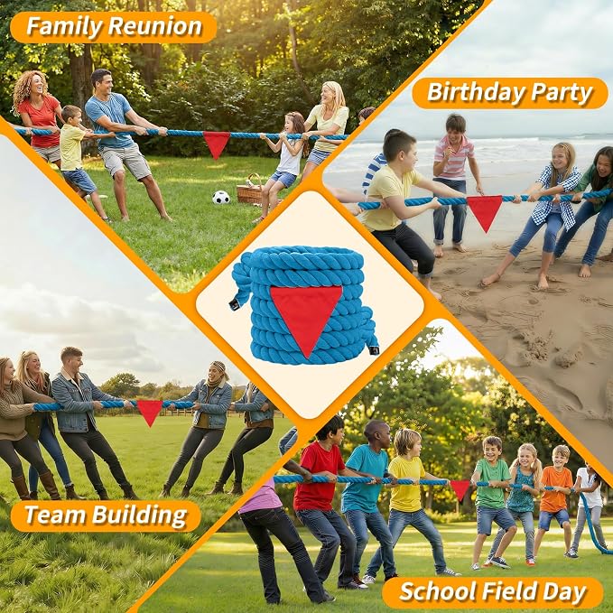 Tug of War Rope for Kids & Adults - 65ft Soft Cotton Outdoor Pulling Rope with Flag for Team Building Activities Field Day Family Reunions Birthday Parties Camping Games - Blue