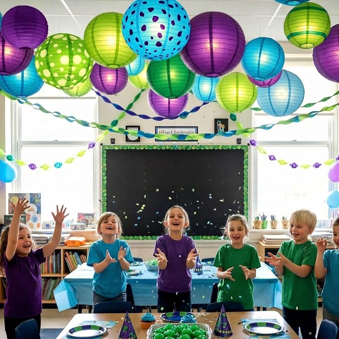 Weysat 12pcs Monster Theme Hanging Paper Lanterns Spot Monster Theme Blue Green and Purple Round Lantern Decorations Birthday Party Supplies for Birthday Party Shower Classroom Home Decor Supplies