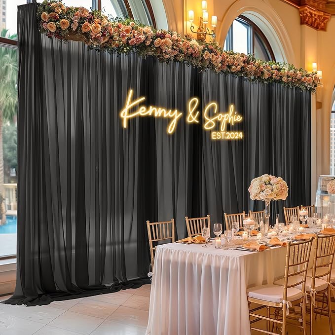 30ft x 10ft Black Backdrop Curtains, Wrinkle-Free Sheer Chiffon Fabric Photo Background Drapes for Wedding Arch Party Ceremony Stage Photography Decorations