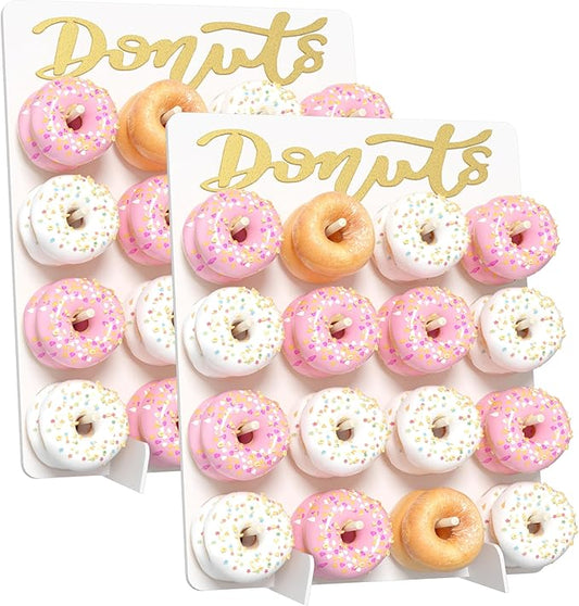 Wooden Donut Wall Display Stand, Holds 16 Donuts Decorative Donut Board, Rustic Donut Holder for Wedding, Party Event Dessert Table(2 Pack White)