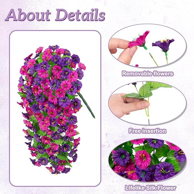 Ammyoo Artificial Fake Hanging Flowers Basket for Spring Decor, Faux Silk Flower in Planter for Summer, Outdoor Artificial Floral for Home Porch Yard(Purple-red Deep Purple)