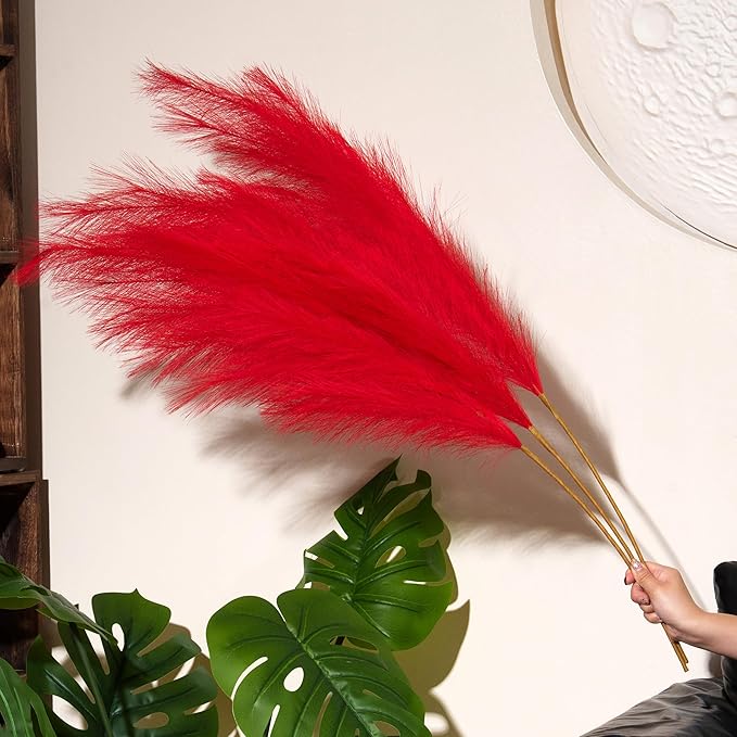Premium Faux Red Pampas Grass – 43.3" Tall Fluffy Vibrant Decor, 8pcs 18-Branch One-Piece Stems No Assembly, Luxury Silk-Feel Feather Flowers for Valentine's Day Christmas Wedding Home Decor