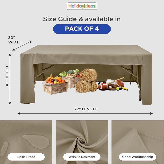 HolidayIdeas 4-Pack 6ft Open Back Fitted Tablecloths for Craft Shows Taupe | 3-Sided coverage wrinkle resistant tablecloths for vendor booths,banquet events,outdoor pop-up shop