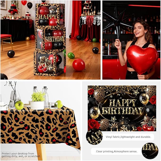 Cocomigo 261pcs Cheetah Print Birthday Decorations, One-stop Set for 25 People, Includes 350gsm Plates Pre‑threaded Banner Backdrop and Tablecloths, Cheetah and Cherry Birthday Decorations for Female