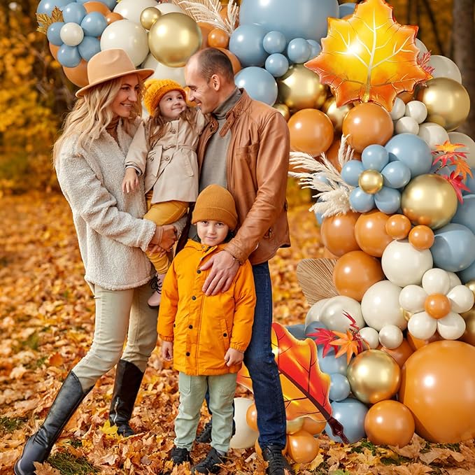 Fall Balloon Garland Arch Kit, Dusty Blue and Retro Orange Gold Confetti Balloons with Leaf Foil Balloons for Thanksgiving Party Autumn Fall Birthday Baby Shower Party Decorations