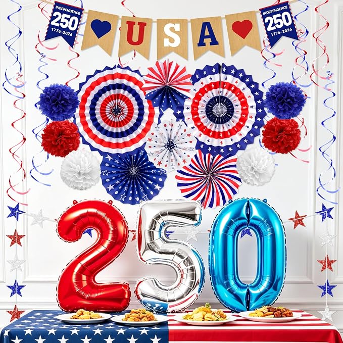 34PCS 4th/Fourth of July USA 250th Anniversary Decorations Set, Red White Blue Patriotic Decorations, Love USA Banner American Flag Pom Poms Decor for Memorial Day Independence Day