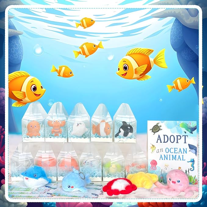 37 Pcs Adopt a Pet Sea Animal Party Favors Include 12 Mini Plush Sea Shark Animals 12 Sea Animals Boxes 12 Adoption Cards 1 Adopt Signboard for Sea Animal Summer Party Pet Adoption Party