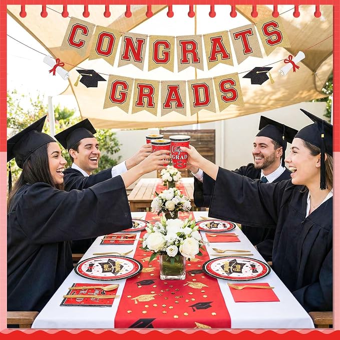 Domensi 400 Pcs 2026 Graduation Decorations Plates and Napkins and Cups Set Serve 50, Red and White Graduation Party Supplies, Class of 2026 Paper Tableware 9oz Cup Knife Fork Spoon Congrats Grad