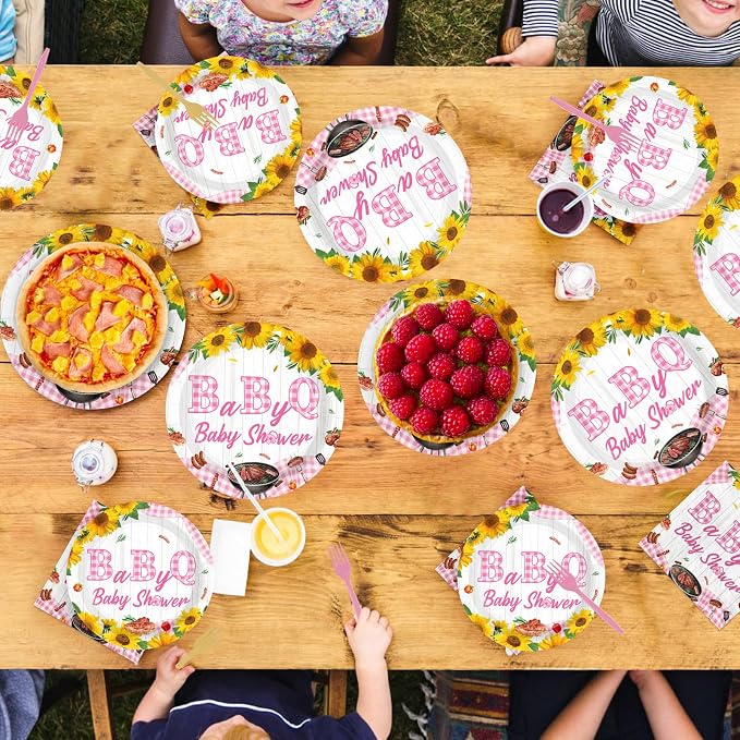 96Pcs Baby Q Baby Shower Party Decorations Pink BBQ Plates and Napkins Pink Gingham Tableware Set for Girls BabyQ Picnic Themed Birthday Gender Reveal Party Supplies, Serves 24
