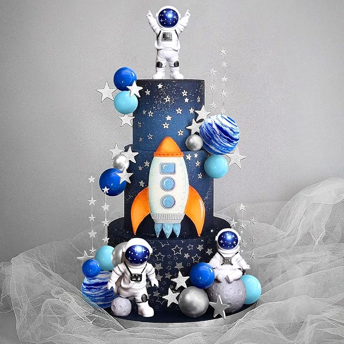 LaVenty Space Cake Toppers Outer Space Astronaut Rocket Stars Cake Decorations for Birthday Party Supplies Baby Shower