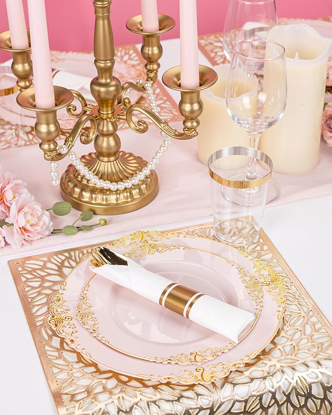 Nervure 700PCS Pink Gold Plastic Plates - Pink Plastic Dinnerware Sets for 100 Guests - 200 Disposable Plates, 300 Silverware, 100 Cups, 100 Napkins for Wedding, Party & Mothers Day