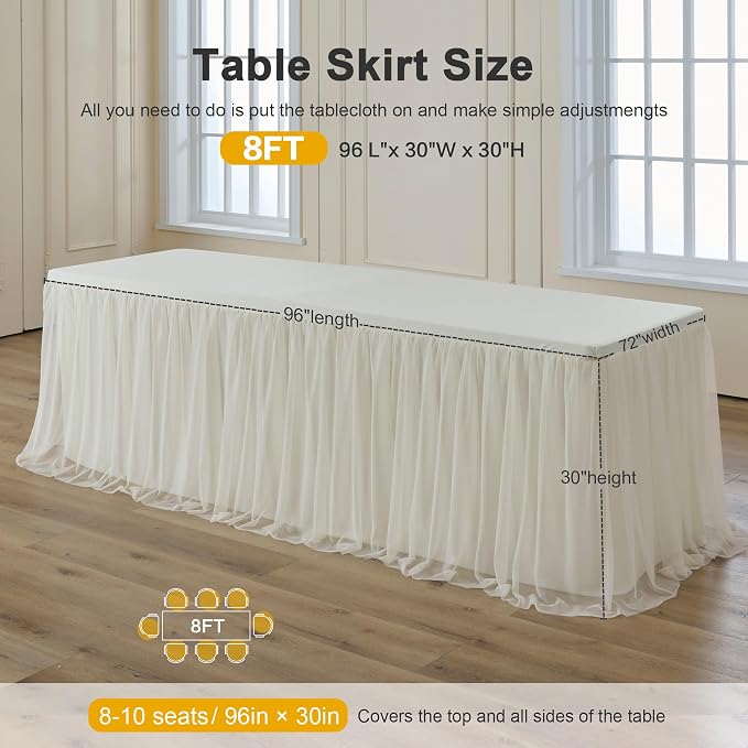 familus 8ft Ivory Spandex Fitted Tablecloth with Tulle Table Skirt - 2-in-1 Structured Tutu Table Cover for Weddings, Trade Shows, Banquets & Professional Events