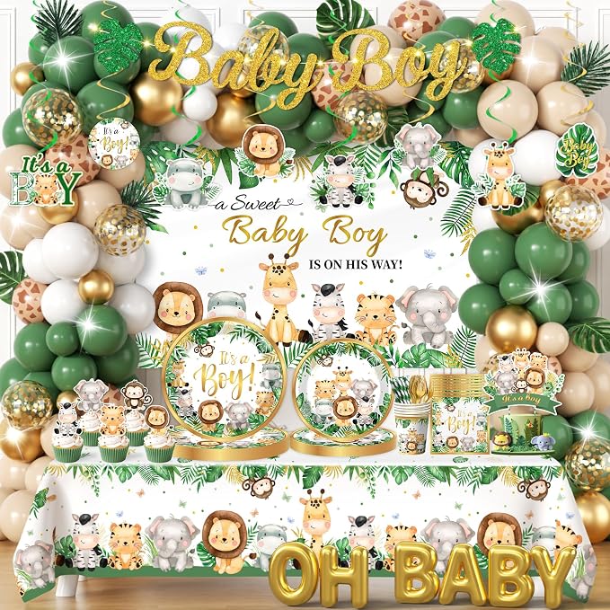 Safari Baby Shower Decorations,387pcs Jungle Baby Shower Decorations Sweet Boy Baby shower Theme Plates and Napkins Cups Tablecloth Backdrop Topper Balloons for Boy Wild Birthday Decorations