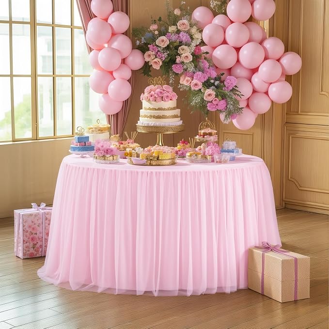 HB HBB MAGIC Light Pink Round Tablecloth 60 inch Stretchy Elastic Fitted Round Table Cloth Cover, Pink Table Cloths for Parties Tulle Table Cloth with Skirt Wedding Bridal Shower Tables Decoration