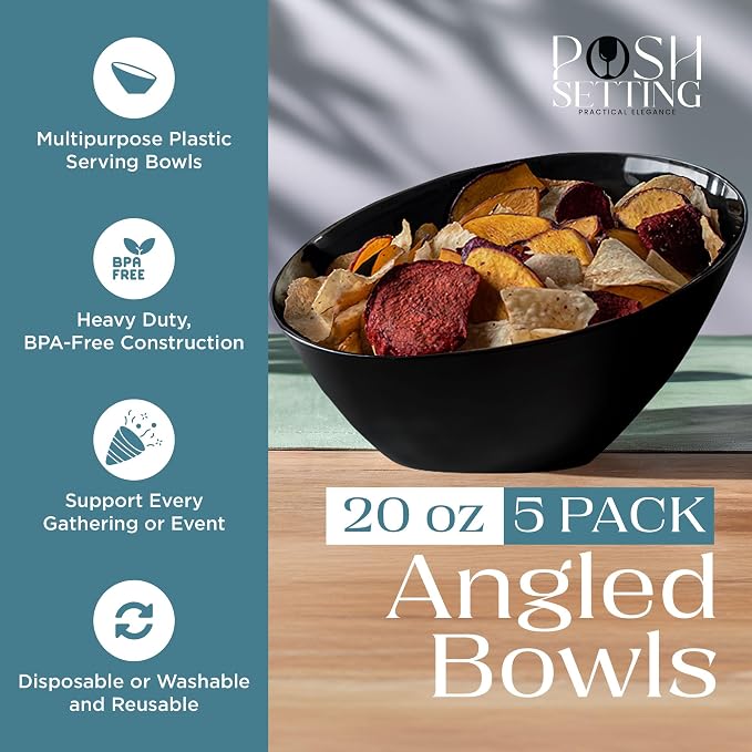 Posh Setting - Black Plastic Serving Bowls for Party Angled Bowls Disposable Chip Bowls Candy Bowls for Party Table Salad and Fruit Bowls for Wedding Serving Bowls-Black, 20 OZ, 5 Pack