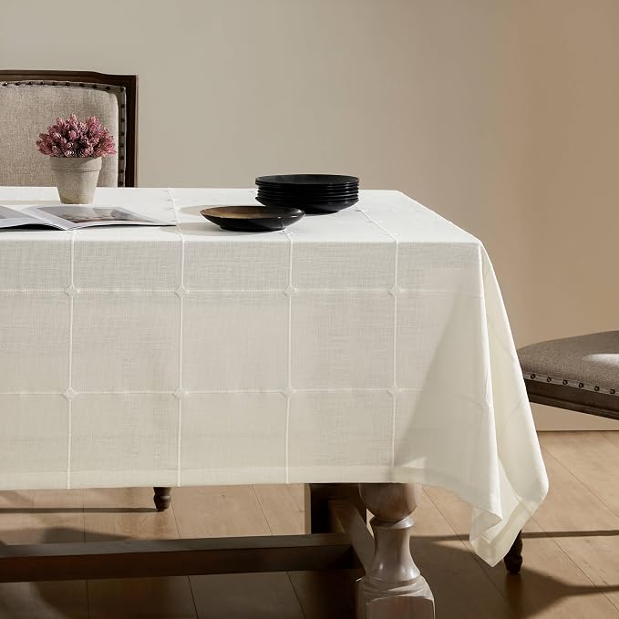 ZeeMart Grid Embroidered Hemmed Tablecloths, Off White 60x120 Inch, Farmhouse Style Heavy Weight Cotton Linen White Tablecloths, Boho Plaid Water Resistant Rectangle Table Cloth