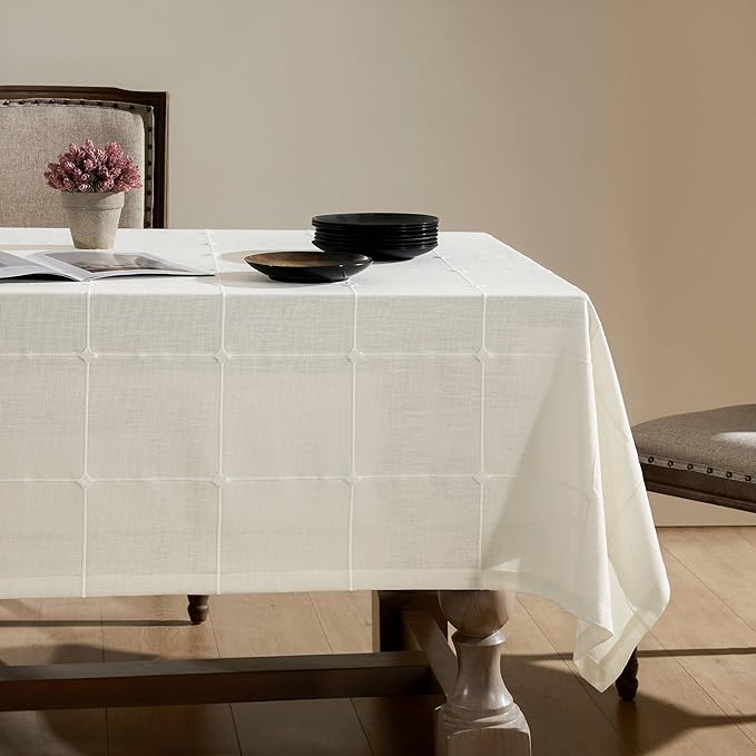 ZeeMart Grid Embroidered Hemmed Tablecloths, Off White 60x60 Inch, Farmhouse Style Heavy Weight Cotton Linen White Tablecloths, Boho Plaid Water Resistant Square Table Cloth