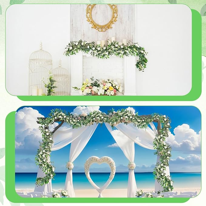 2 Pack Garland Set, 6 ft Artificial White Rose Eucalyptus Garland with Willow Leaf Vine, Summer Garland Faux Greenery Decor for Wedding Arch, Table and Home Decoration