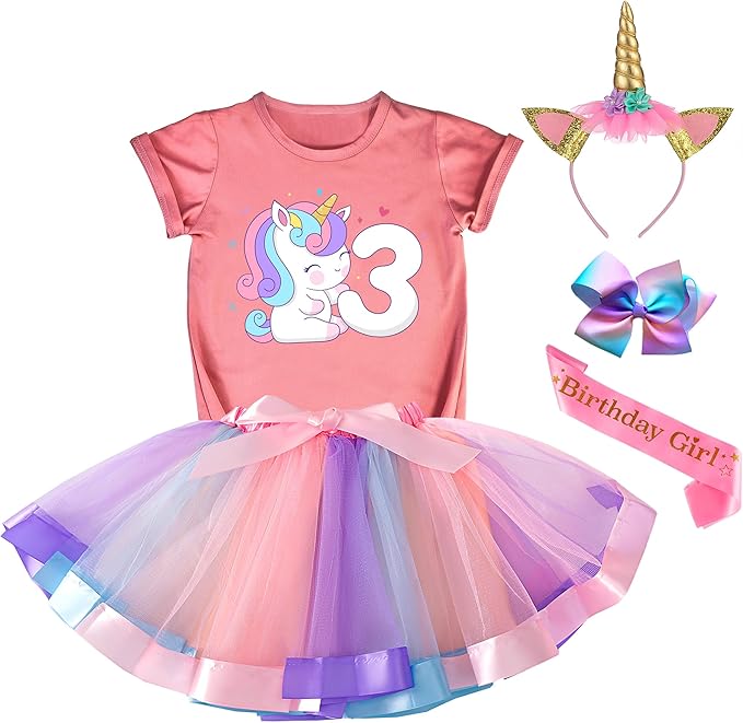 Tutu and Sian Unicorn Birthday Outfit for Girls - Shirt, Tutu Skirt Dress, Birthday Girl Crown, Hair Bow & Satin Sash (Mauve 3, 3 Years)