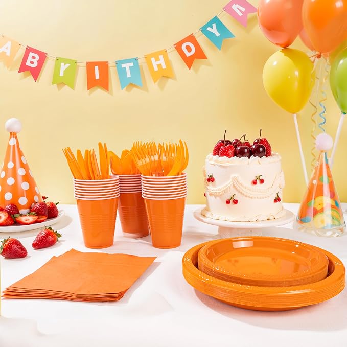 MirthMood 350PCS Orange Plastic Plates,Orange Disposable Plates Set– Plastic Plates Set Includes 50 Dinner,50 Dessert Plate,50 Cup&50 Napkins, 50 Silverware for Wedding & Birthday Parties