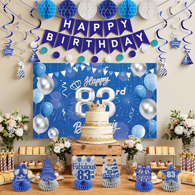 Happy Birthday Party Decoration Set: Including Birthday Banner Backdrop, Party Table Centerpieces and Hanging Swirl Party Streamers, Birthday Decor Suppliers for Men and Women (Blue, 83rd Birthday)