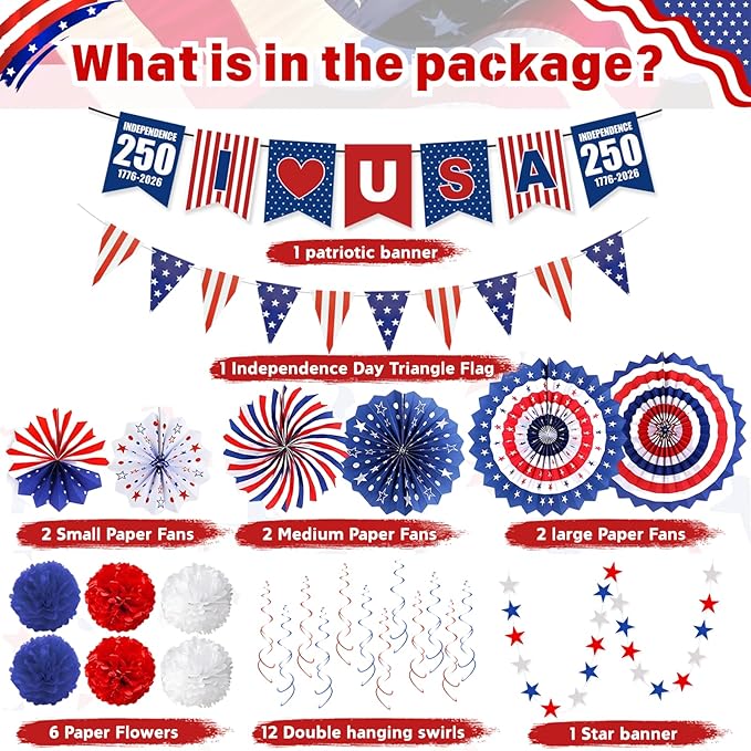 4th of July Decorations 37PCS Patriotic Decorations Red White Blue Paper Fans USA Banner Hanging Swirls Pompom Star Streamer Set for Veterans Day 250th Anniversary Memorial Day