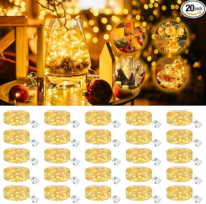 20 Pack Fairy Lights Battery Operated - 7ft 20 Led Twinkle Lights 3 Modes, Bulk Mini String Lights Waterproof for Mason Jars Vases DIY Party Wedding Mothers Day Decoration-Warm White