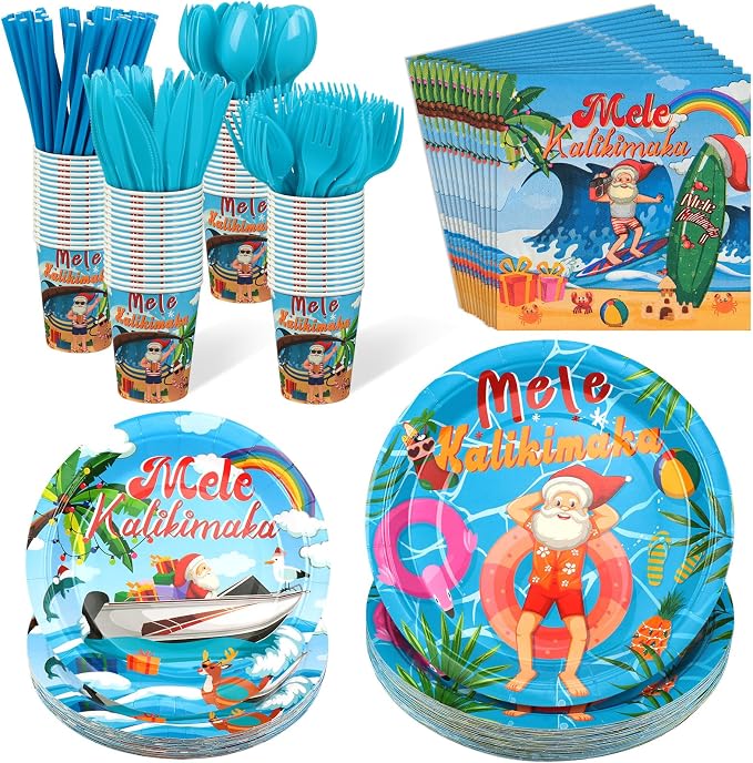 Weewooday 400 Pcs Christmas Tableware Disposable Set Mele Kalikimaka Decorations July Summer Christmas Paper Plates Cups Napkin Plastic Knife Spoon Fork Straw for Kalikimaka Hawaiian Party Supplies
