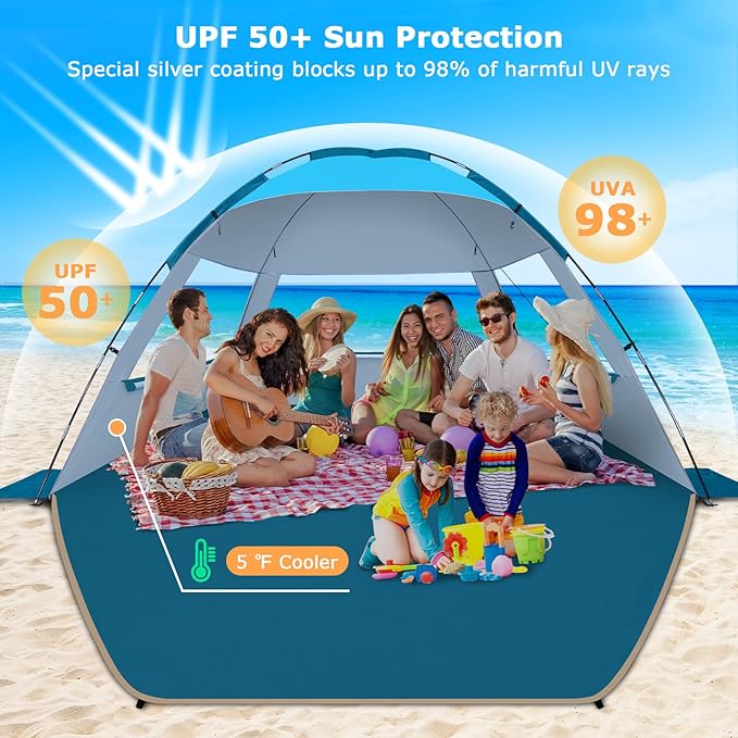 COMMOUDS Beach Tent Sun Shelter for 3/4/6/8 Person, UPF 50+ UV Protection Beach Shade Canopy Tent, Lightweight, Easy Set Up and Carry
