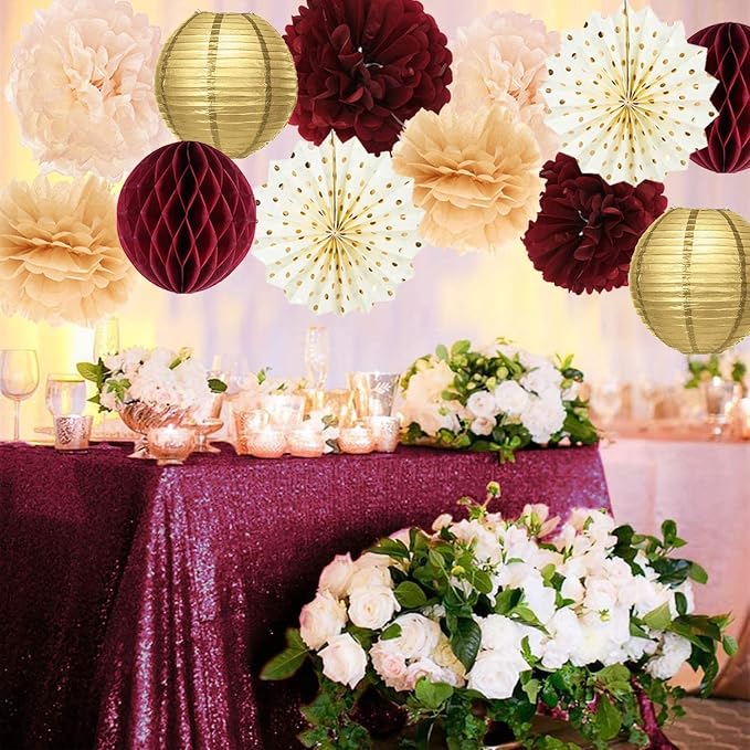 Burgundy Gold Birthday Party Decorations for Women/Maroon Gold HAPPY BIRTHDAY Banner Polka Dot Fans for Fall Women 30th/40th/50th Birthday Decorations Maroon