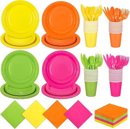 Kochorie 350 Pieces Neon Dinnerware Set, 7 & 9 inch Dessert Paper Plates Cups Napkins Plastic Cutlery Disposable Party Supplies for Neon Glow Party Birthday Baby Shower Wedding, Serve 50 Guests