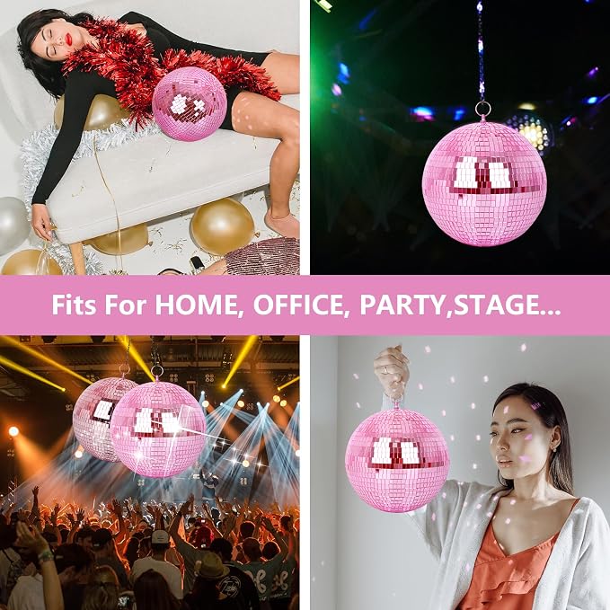 Mirror Ball, MUZTOP 10 Inch Disco Ball with Hanging Ring, Light Mirror Ball for Disco Parties DJ Stage Wedding Christmas Home Decor, Pink