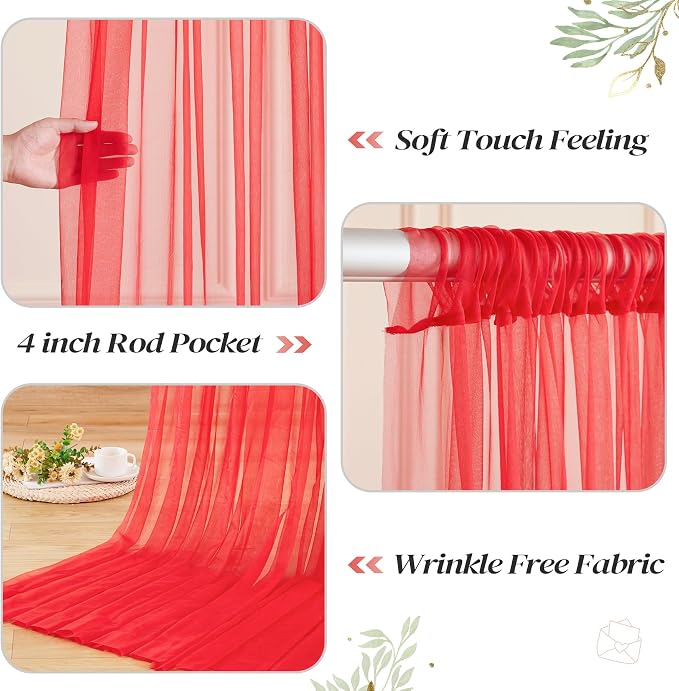 20ft x 10ft Red Backdrop Curtain with Lights String for Parties, Sheer Tulle Wedding Photo Backdrops Drapes for Baby Shower Birthday Party Decorations Background for Photography