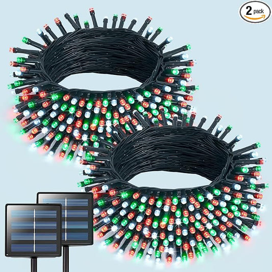 JMEXSUSS 2 Pack Solar String Lights Outdoor Waterproof, Total 400 LED 151FT Solar Christmas Lights Outdoor, 8 Modes Christmas Light for Outside Patio Yard Tree Decorations, Red White and Green