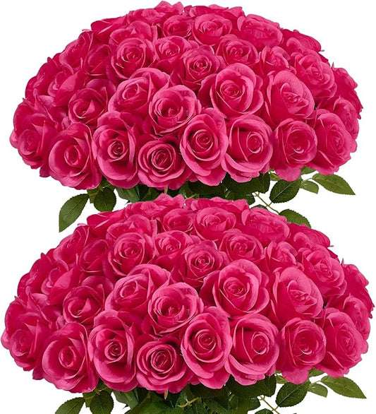 60 PCS Fake Hot Pink Roses Artificial Flowers Bulk Realistic Silk Faux Rose with Stems for Wedding Decoration Anniversary Bridal Bouquet DIY Floral Arrangement Romantic Home Decor Gifts